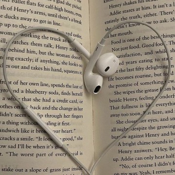 earphones made into the shape of a heart on the page if a book